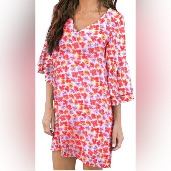 NWT Women's Summer V-neck boho bell sleeve Dress - Picture 2 of 7